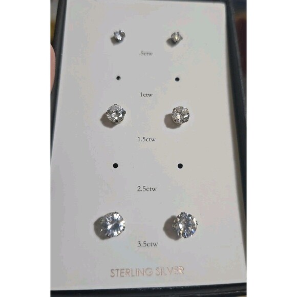 STERLING SILVER CUBIC ZIRCONIA CZ STUD EARRINGS SET Of 3 With BOX - Picture 6 of 8
